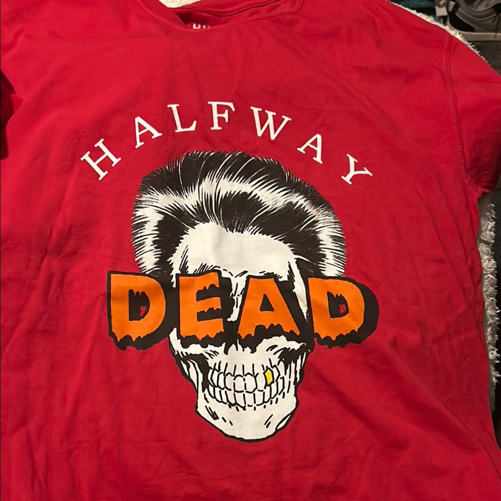 Halfway Dead Vibrant Red Short Sleeve Tee with Bold Skull Design - L - NWOT